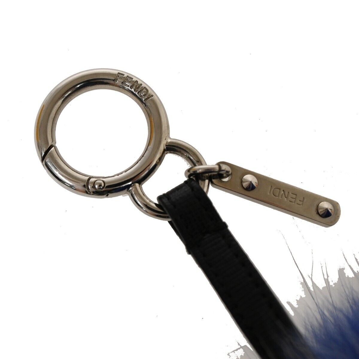 FENDI Logo Pompom Bag Charm Key Chain Fox Fur Leather Bicolor Blue Italy 04GA309