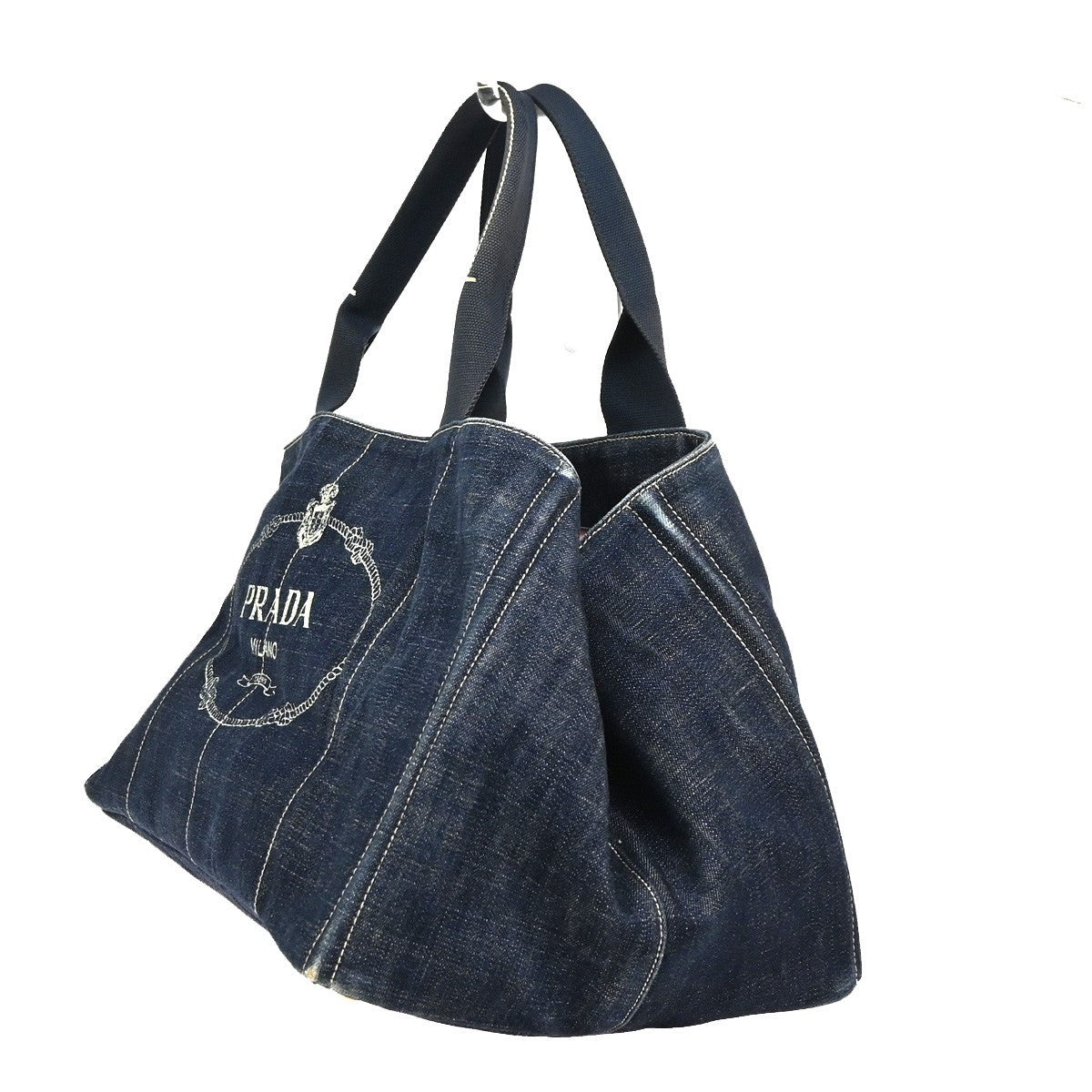 PRADA MILANO Logo Canapa Tote Handbag Denim Canvas Navy Blue GHW 35KC889