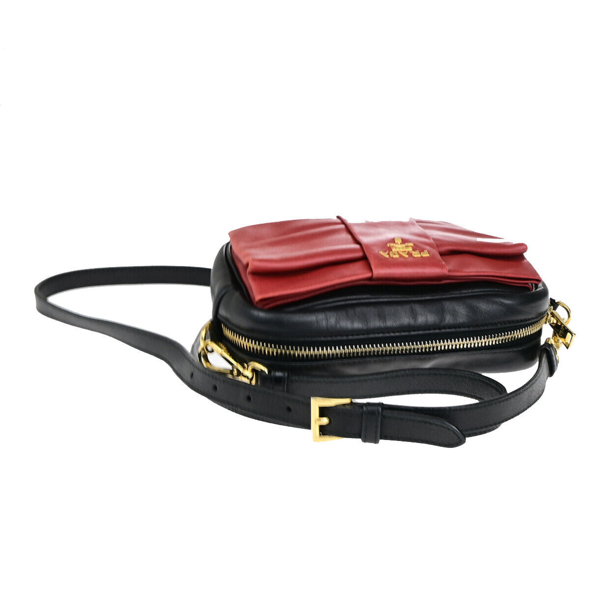 PRADA Logo Fiocco Bow Mini Crossbody Shoulder Bag Leather Black Red GHW 28YG621
