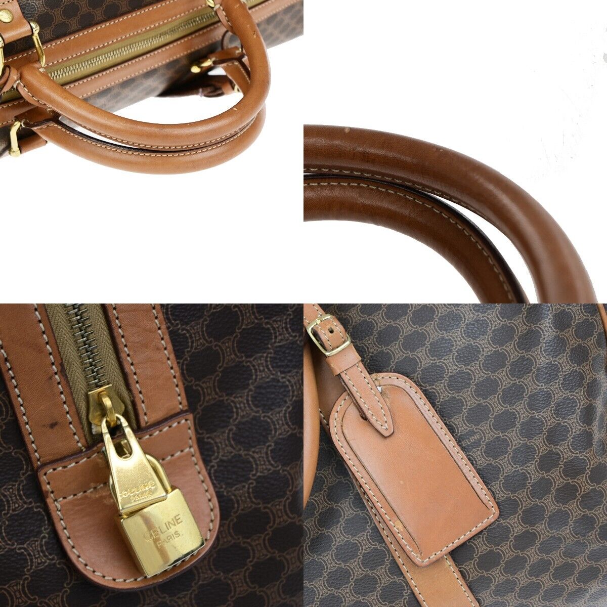 CELINE Logo Macadam Pattern Travel Hand Bag PVC Leather Brown Gold Italy 62EC911