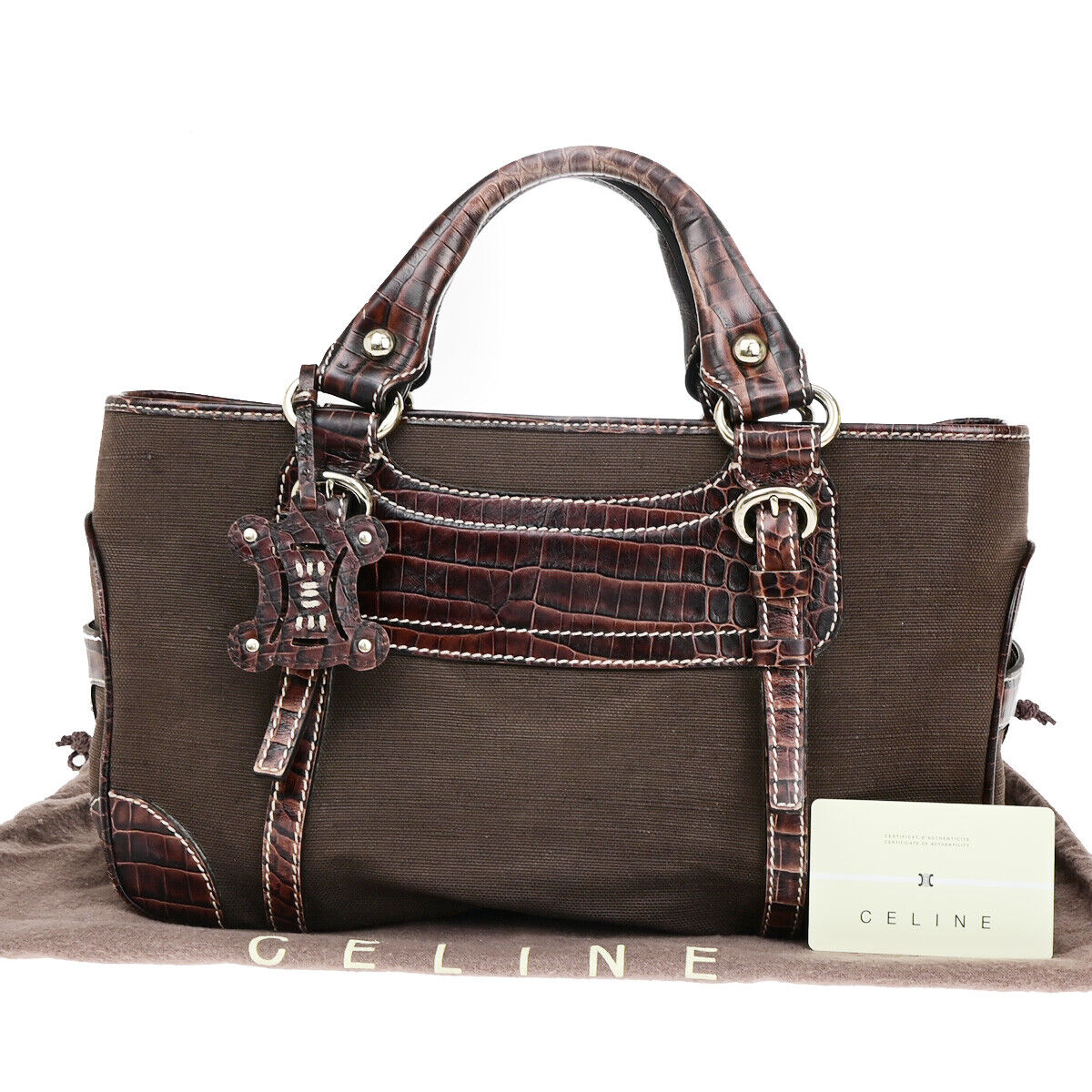 CELINE Boogie Macadam Charm Hand Tote Bag Canvas Embossing Leather Brown 69YF305