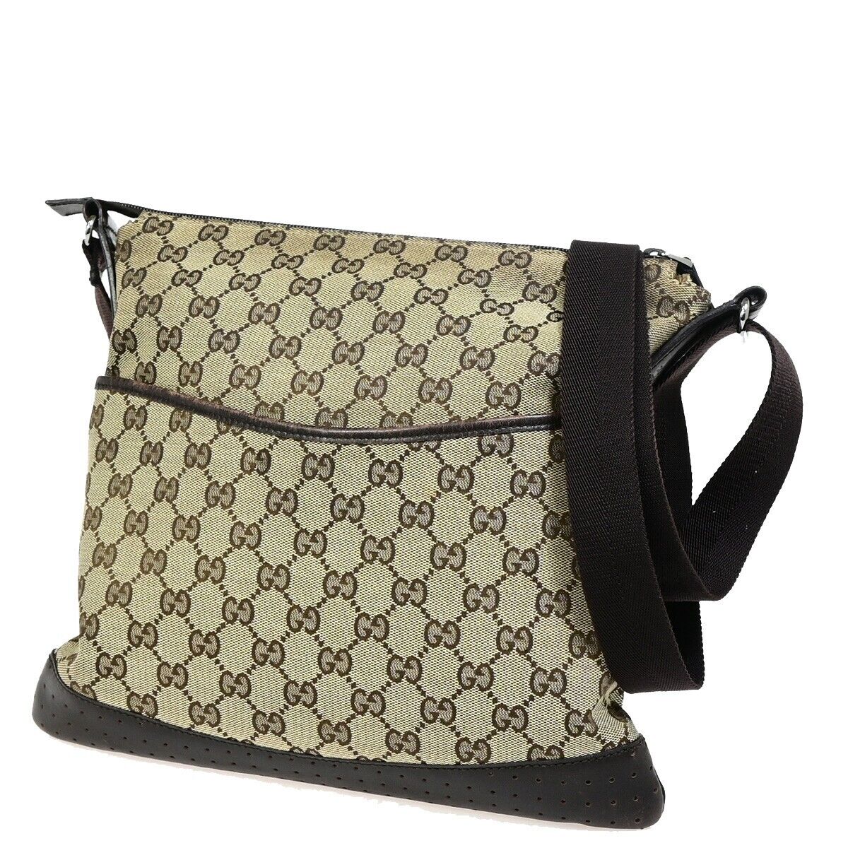 GUCCI Logo GG Pattern Shoulder Bag Canvas Leather Brown Gold Italy 67FA740