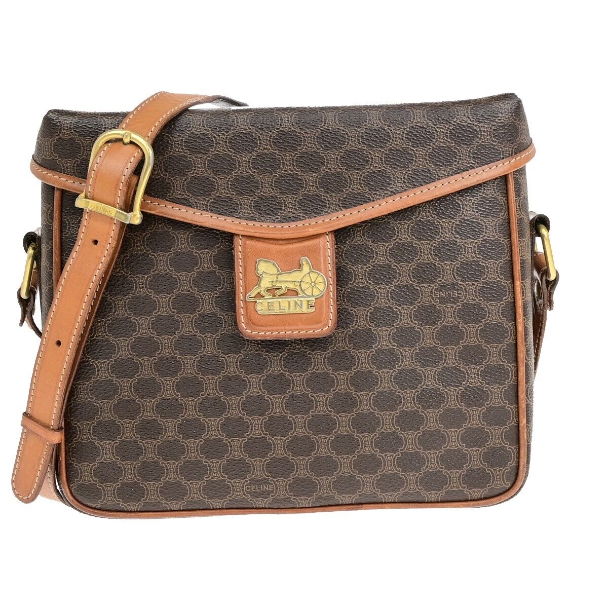 CELINE Logo Macadam Pattern Crossbody Shoulder Bag PVC Leather Brown 31EB749