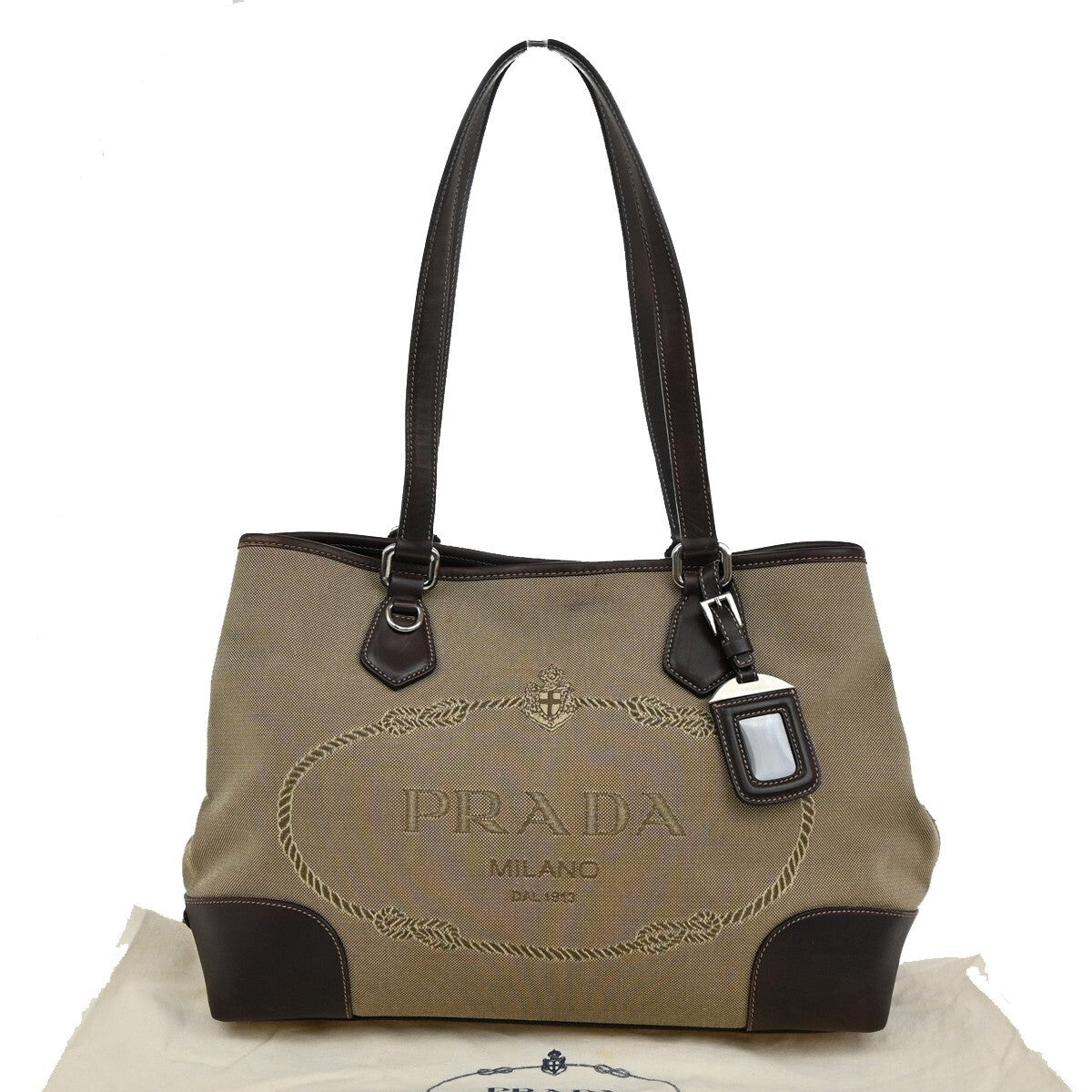 PRADA MILANO Logo Shoulder Bag Canvas Leather Brown Made in Italy 38EE166