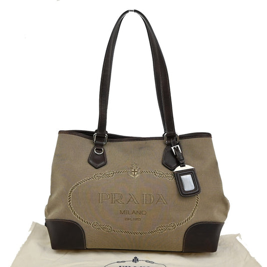 PRADA MILANO Logo Shoulder Bag Canvas Leather Brown Made in Italy 38EE166