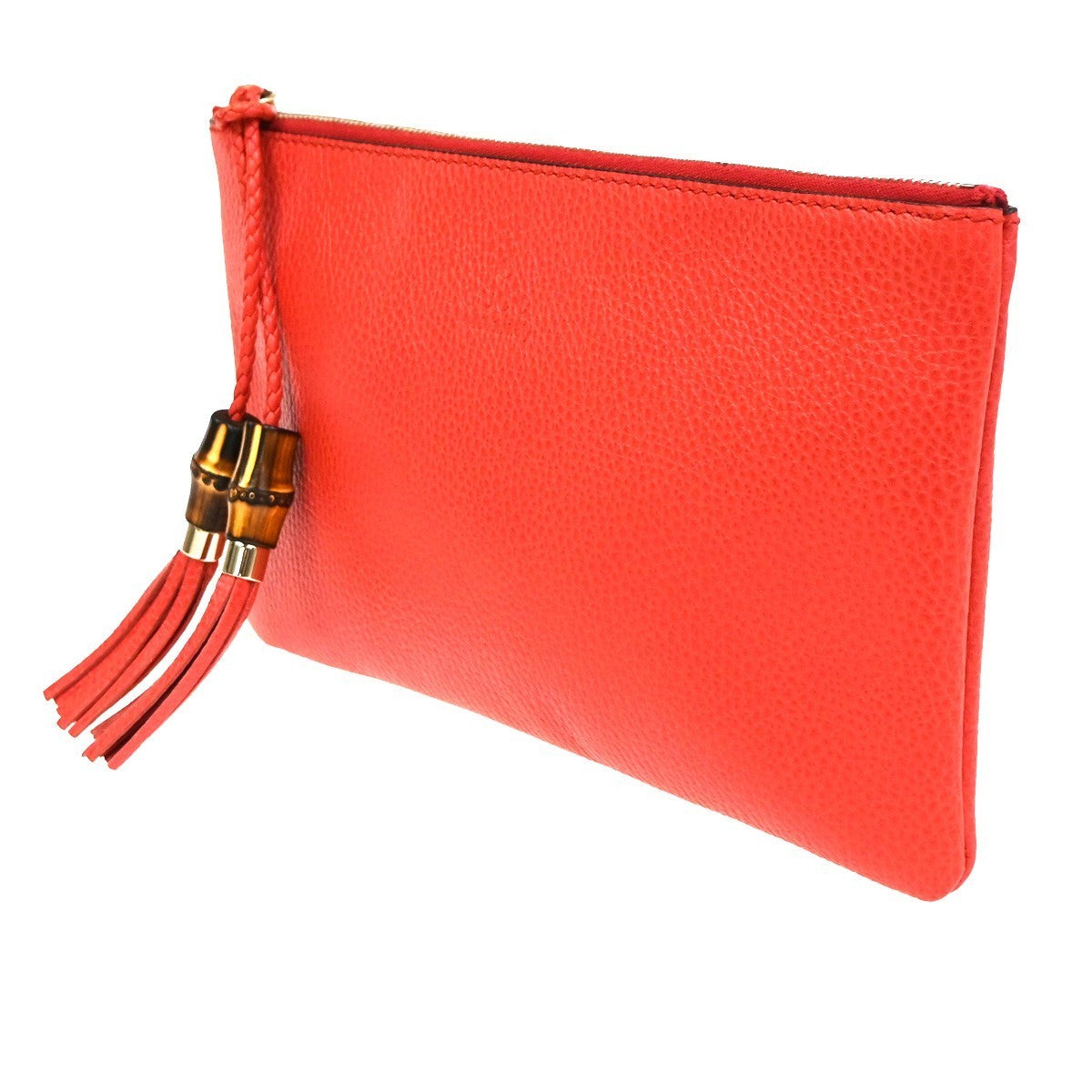 GUCCI Logo Bamboo Charm Clutch Pouch Bag Pebbled Leather Red Italy 61KC890