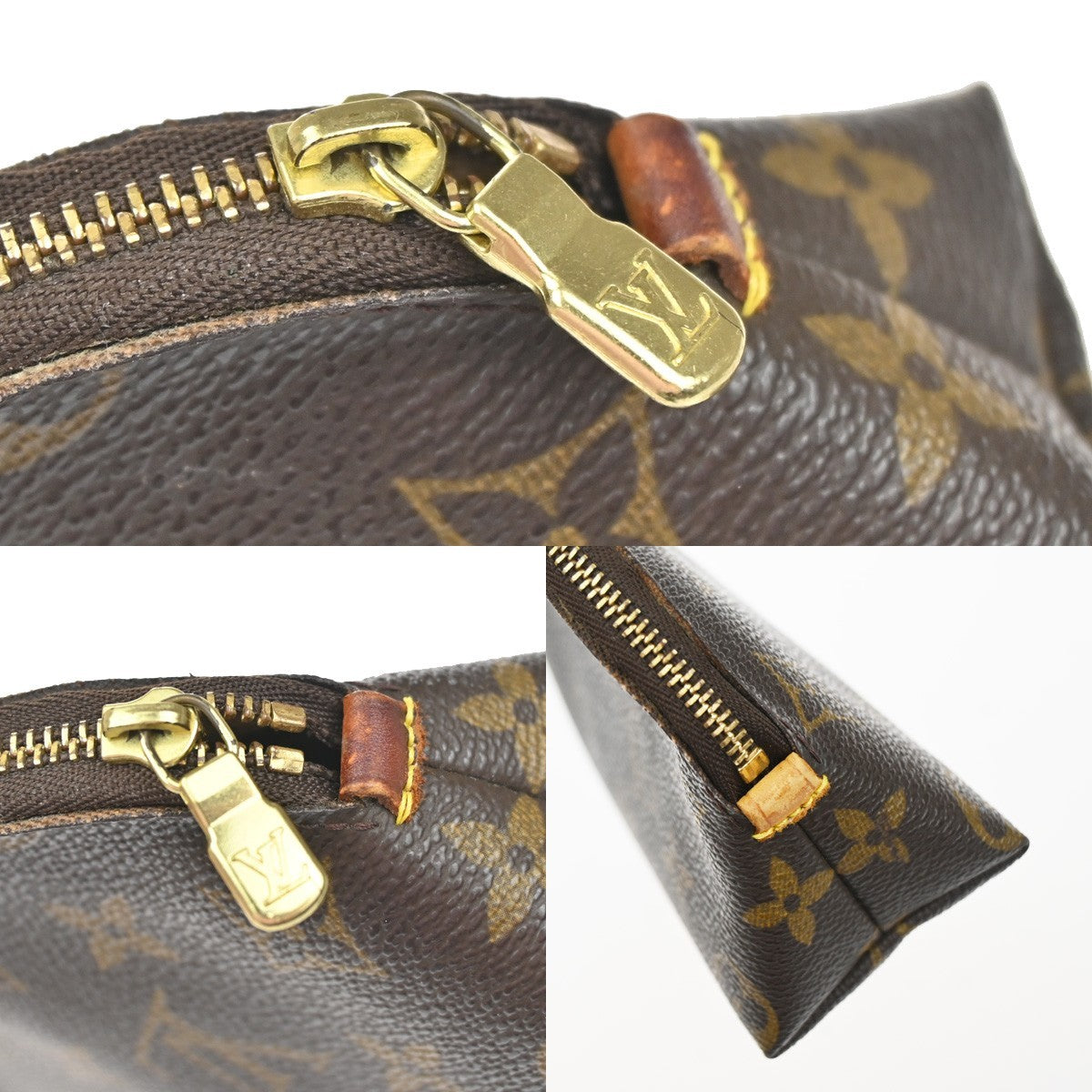 LOUIS VUITTON Logo Pochette Cosmetic Pouch Monogram Leather Brown M47515 05YH998