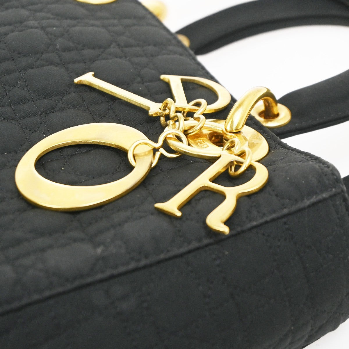 CHRISTIAN DIOR Lady Cannage Hand Tote Bag Nylon Black Gold Italy 84CA795