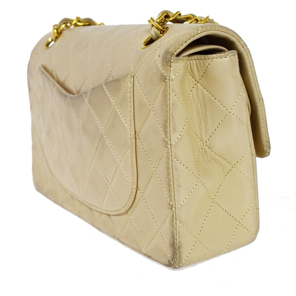 CHANEL CC Matelasse 23 Double Flap Chain Shoulder Bag Leather Beige GD 805RC566