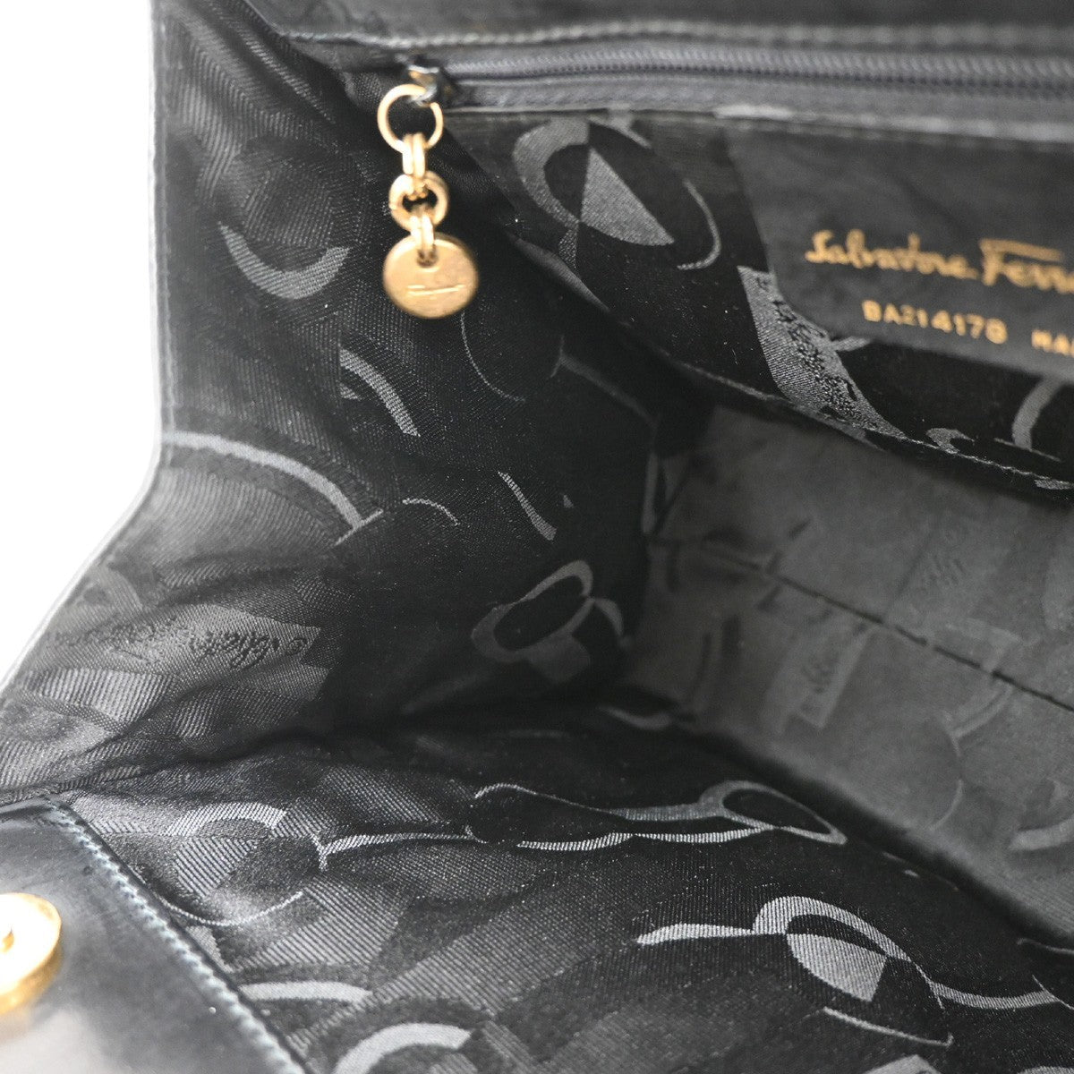 SALVATORE FERRAGAMO Logo Vara Hand Bag Canvas Leather Black Gold Italy 67KB455