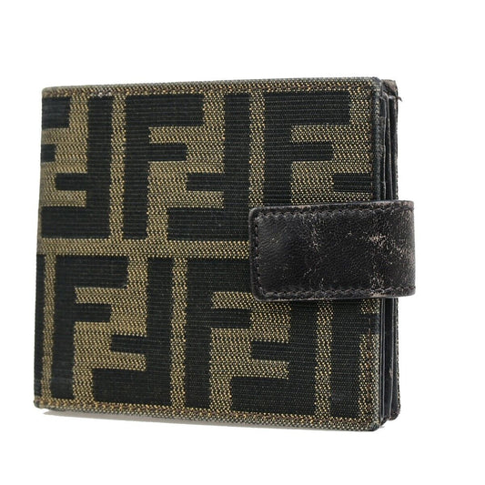 FENDI Logo Zucca Pattern Bifold Wallet Purse Canvas Leather Brown Italy 07KA395