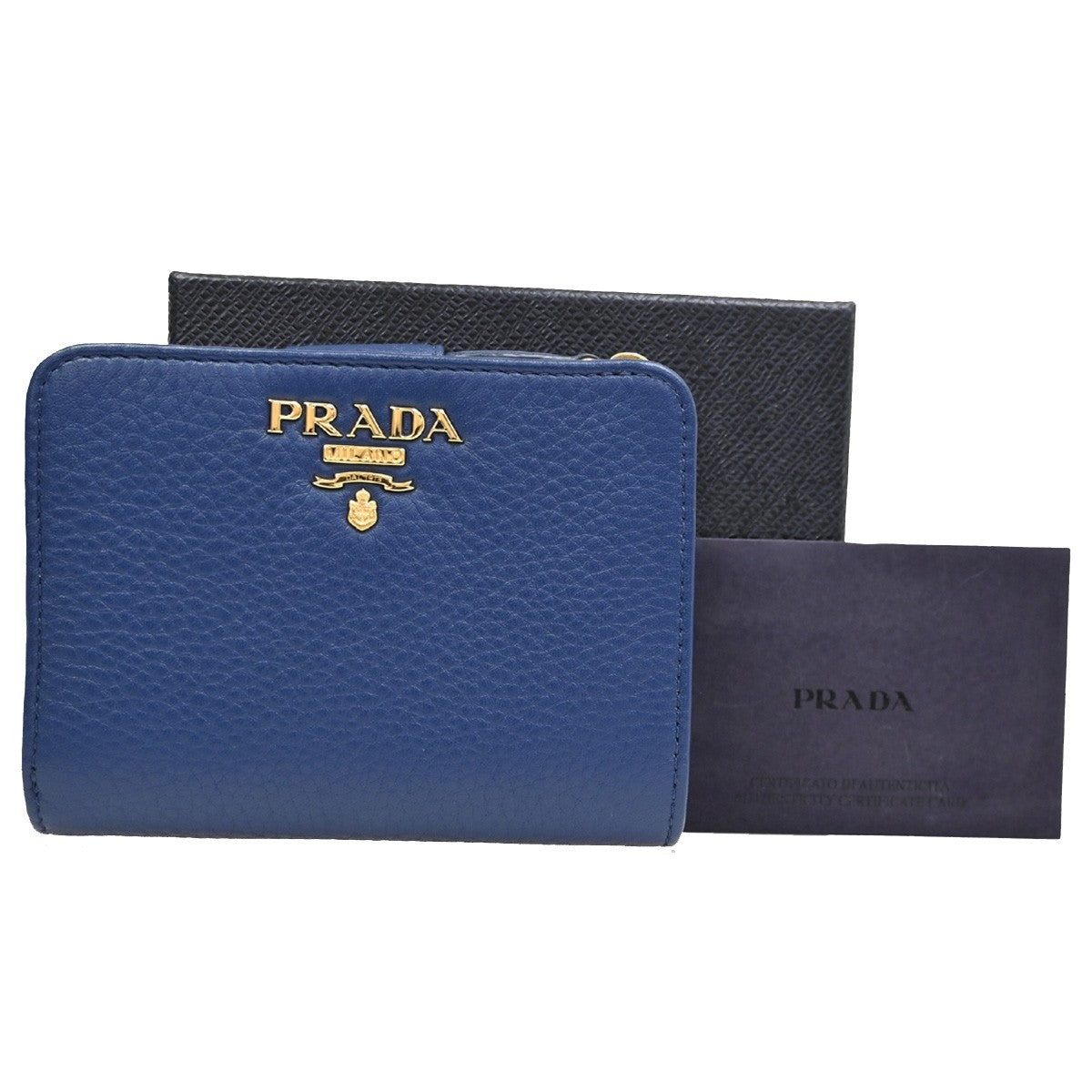 PRADA Logo Bifold Wallet Purse Vitello Leather Blue Bluette GHW Italy 88RL435