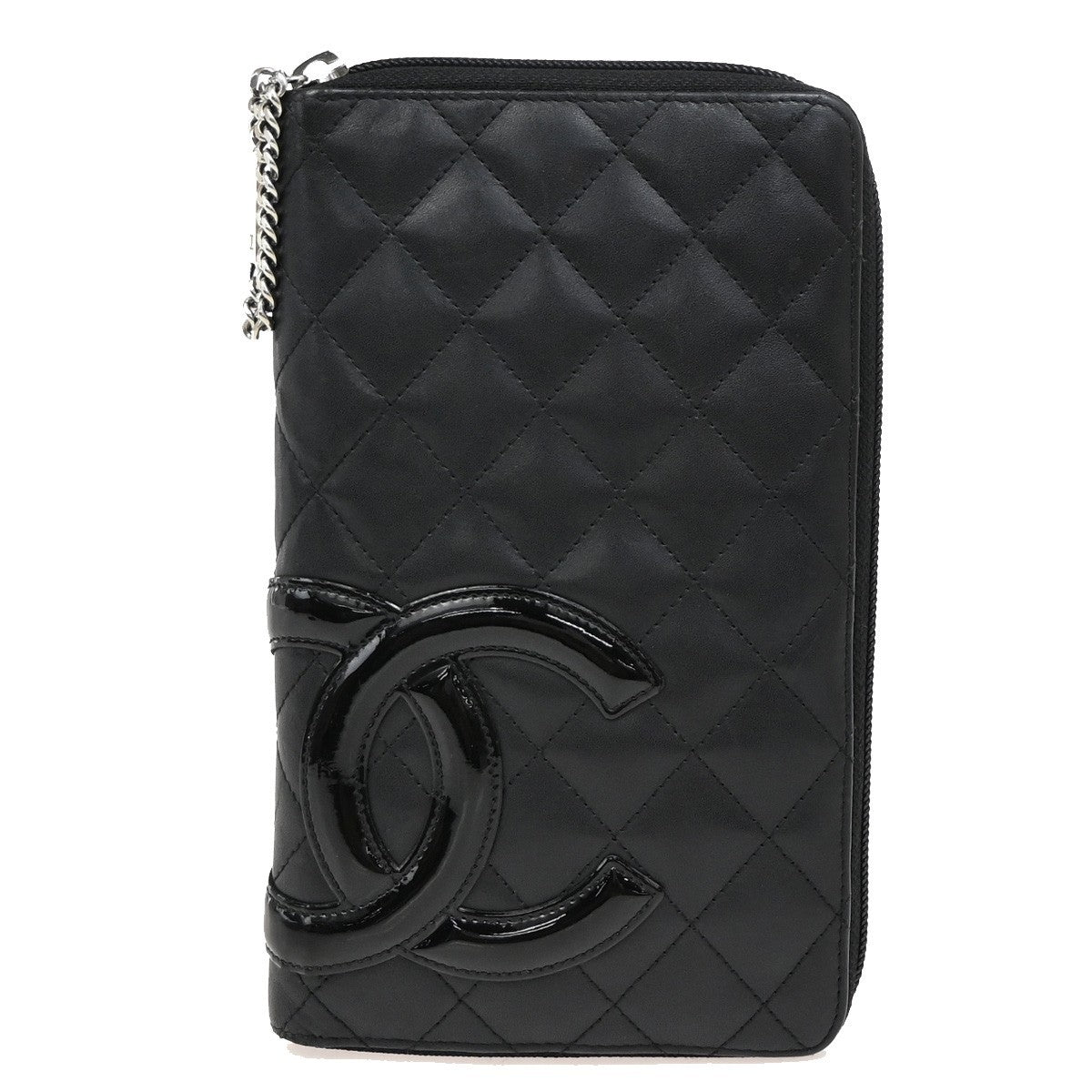 CHANEL CC Logo Cambon Zip Around Long Bifold Wallet Leather Black Pink 39EF850