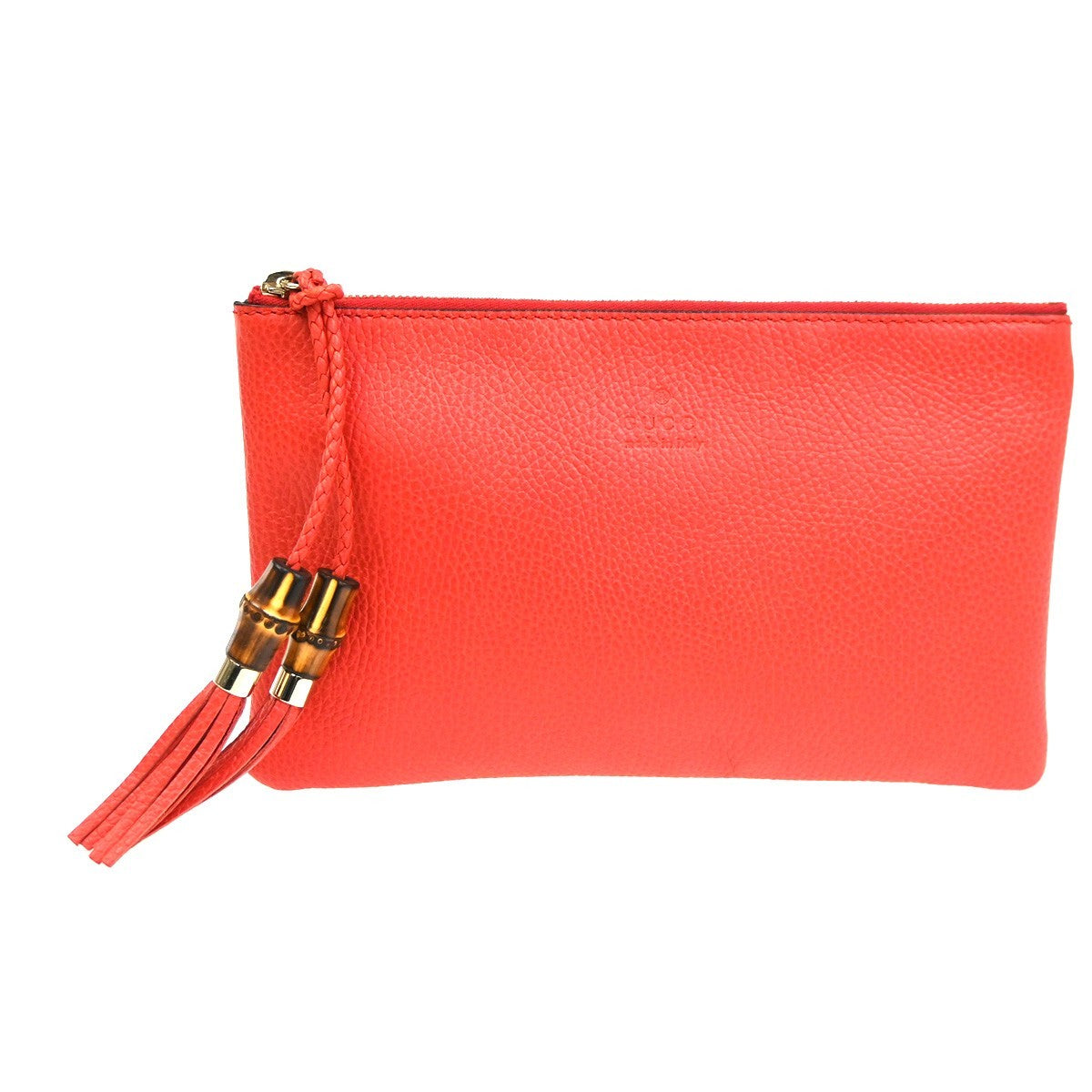 GUCCI Logo Bamboo Charm Clutch Pouch Bag Pebbled Leather Red Italy 61KC890