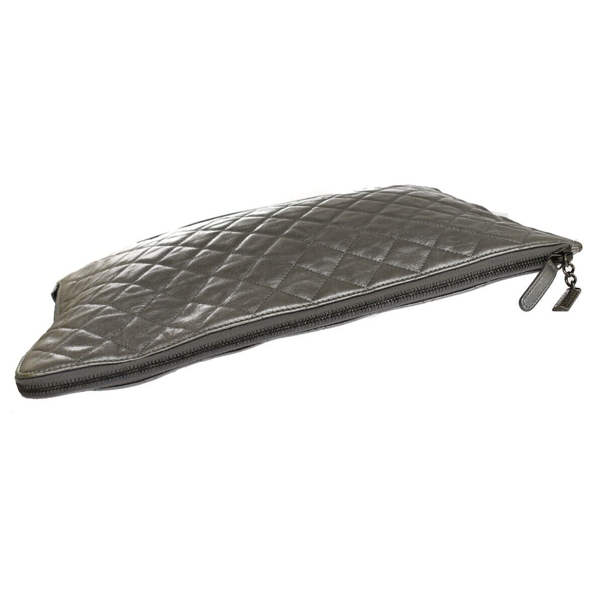 CHANEL Logo Matelasse Clutch Hand Bag Leather Silver Italy 89GA417