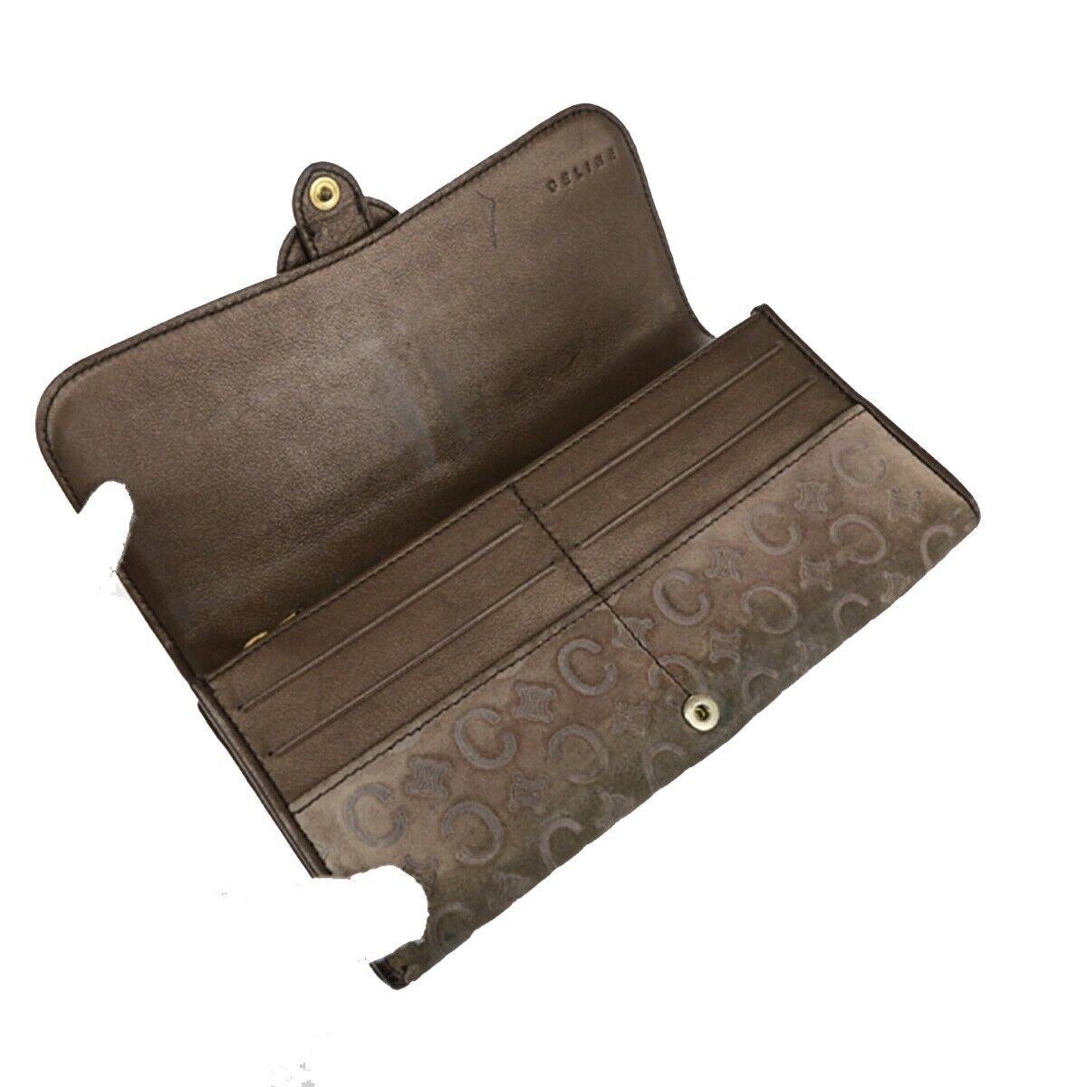 CELINE Logo Macadam Long Bifold Wallet Suede Leather Brown Gold 07KA509