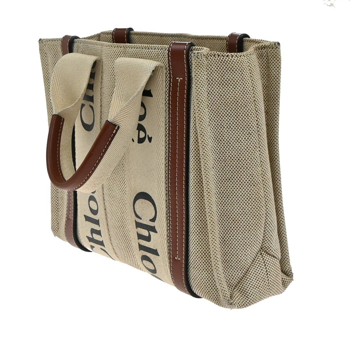 CHLOE Logo Woody Small Hand Tote Bag 100% Cotton Leathr Beige Italy 30KP573