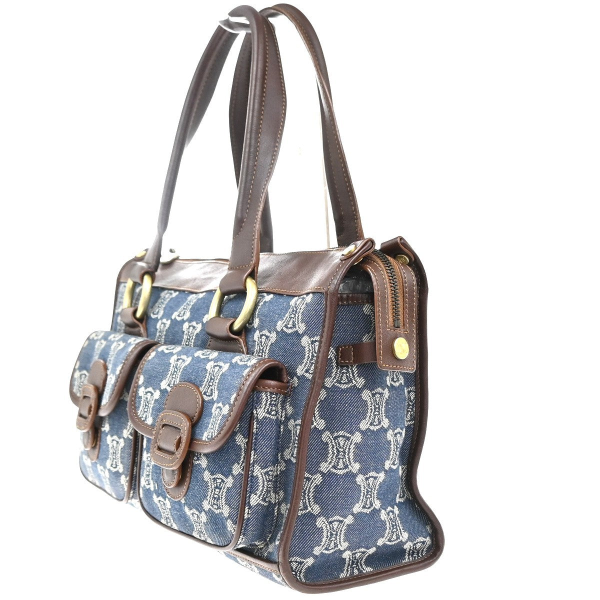 CELINE Logo Macadam Pattern Shoulder Bag Denim Leather Blue Brown GHW 83KP551