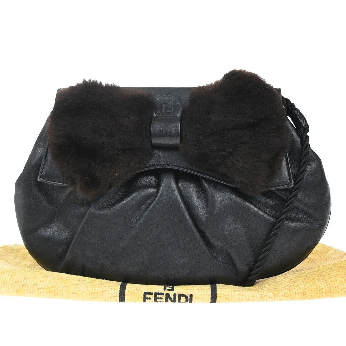FENDI Logo Bow Shoulder Bag Fur Leather Black GHW Italy 65EG358