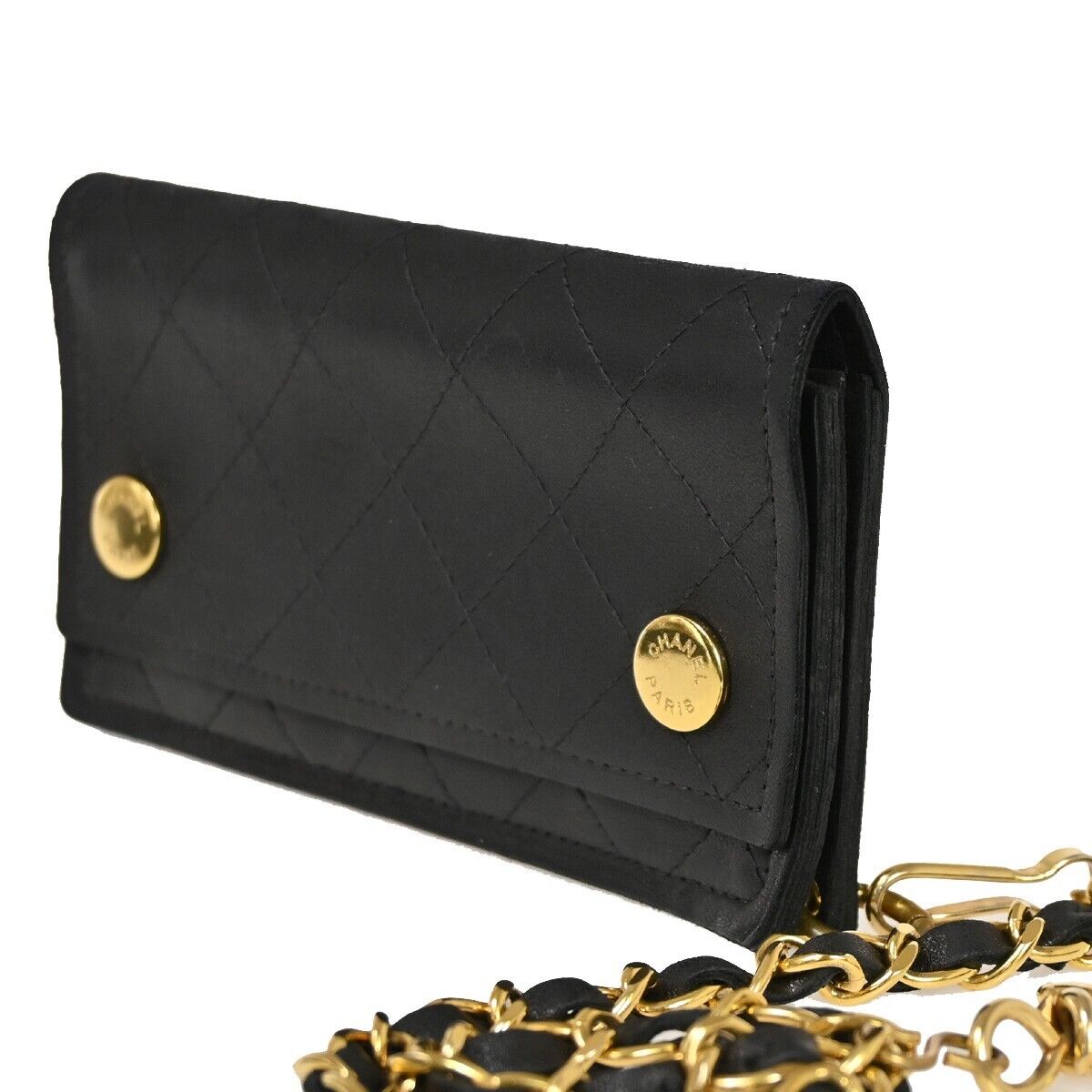 CHANEL CC Logo chain Matelasse Bifold Wallet Purse Leather Black France 79RF104
