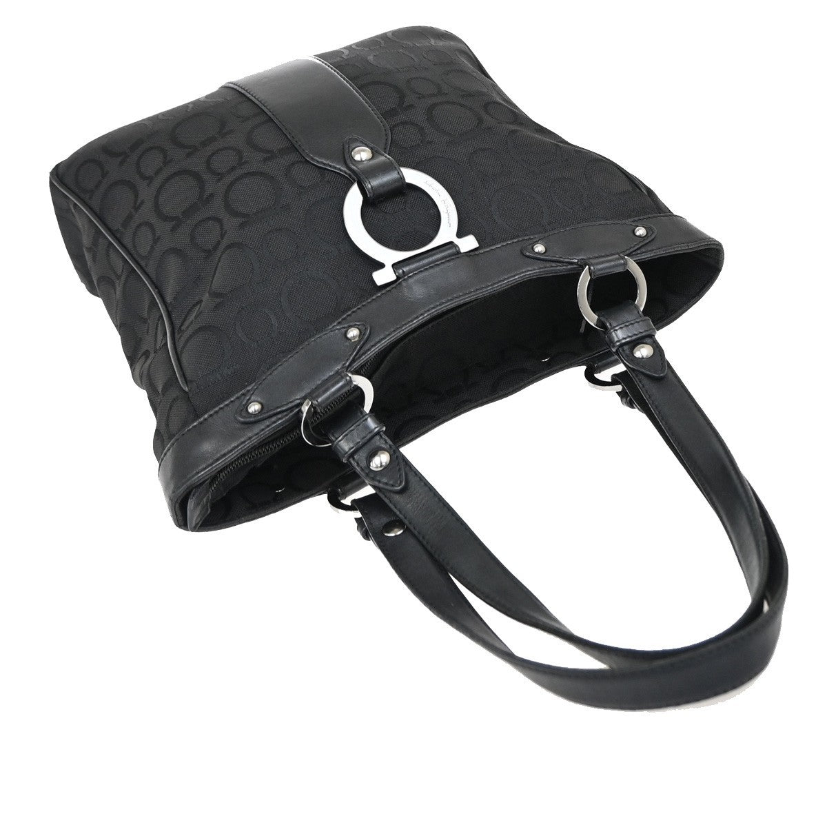 SALVATORE FERRAGAMO Gancini Tote Shoulder Bag Canavs Leather Black SHW 09KB197
