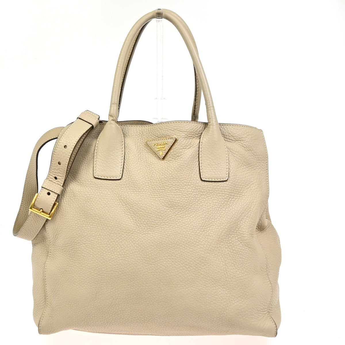 PRADA Logo Large 2Way Shoulder Hand Tote Bag Leather Beige GHW Italy 80KC640
