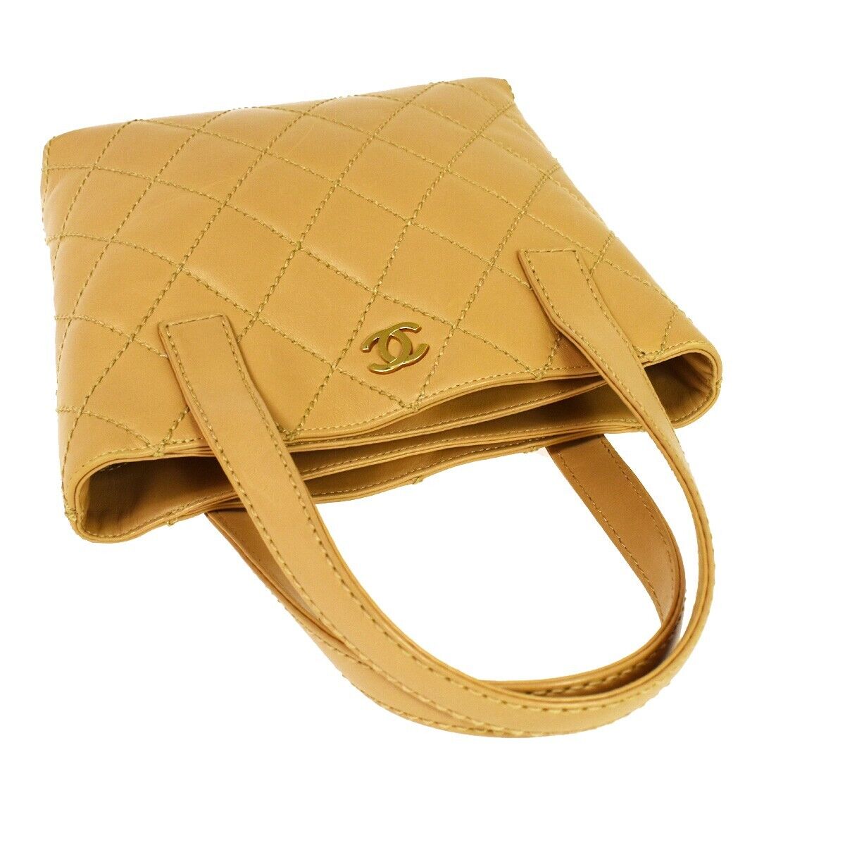CHANEL CC Logo Wild Stitch Hand Tote Bag Leather Beige Gold Italy 699RH707
