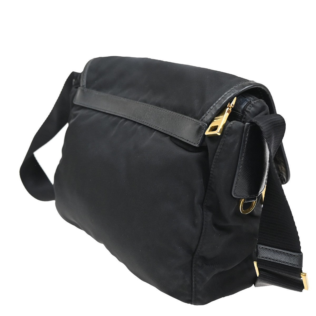 PRADA Plate Logo Tessuto Shoulder Bag Nylon Leather Black GHW Italy 33TA379