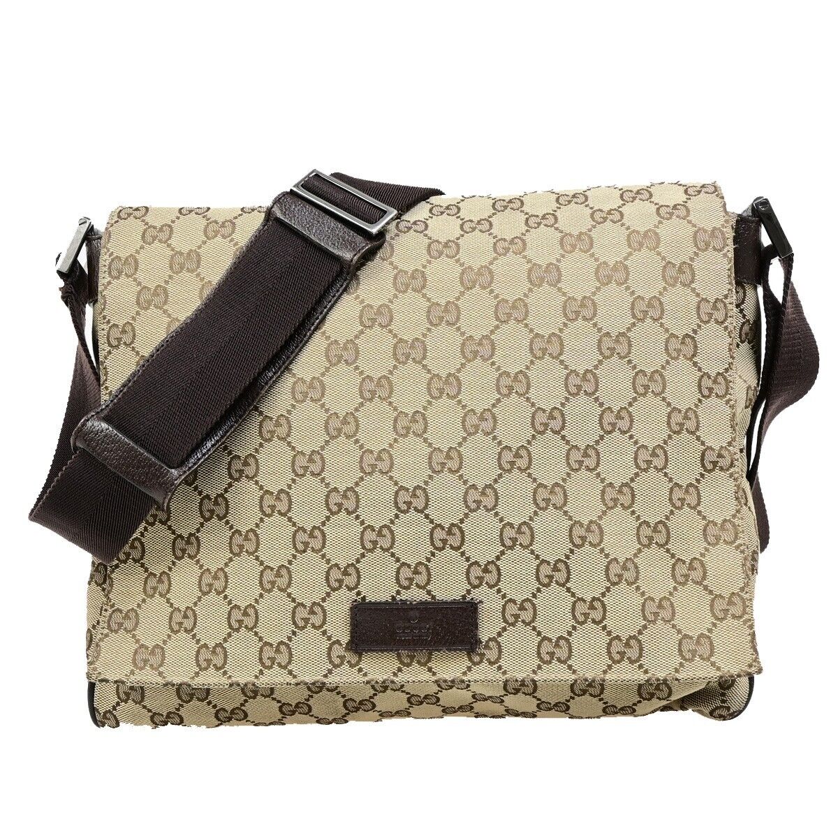 GUCCI Logo GG Pattern Shoulder Bag Canvas Leather Brown Silver Italy 80EB802