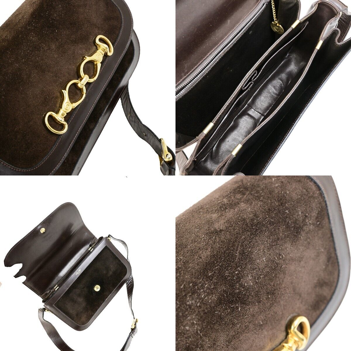 CELINE Logo Crossbody Shoulder Bag Suede Leather Brown GHW 63EC954