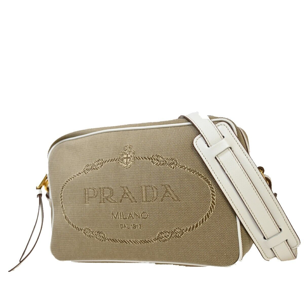PRADA MILANO Logo Jacquard Shoulder Bag Canvas Leather Brown White Gold 50RJ741