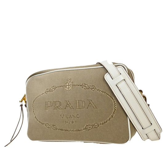 PRADA MILANO Logo Jacquard Shoulder Bag Canvas Leather Brown White Gold 50RJ741