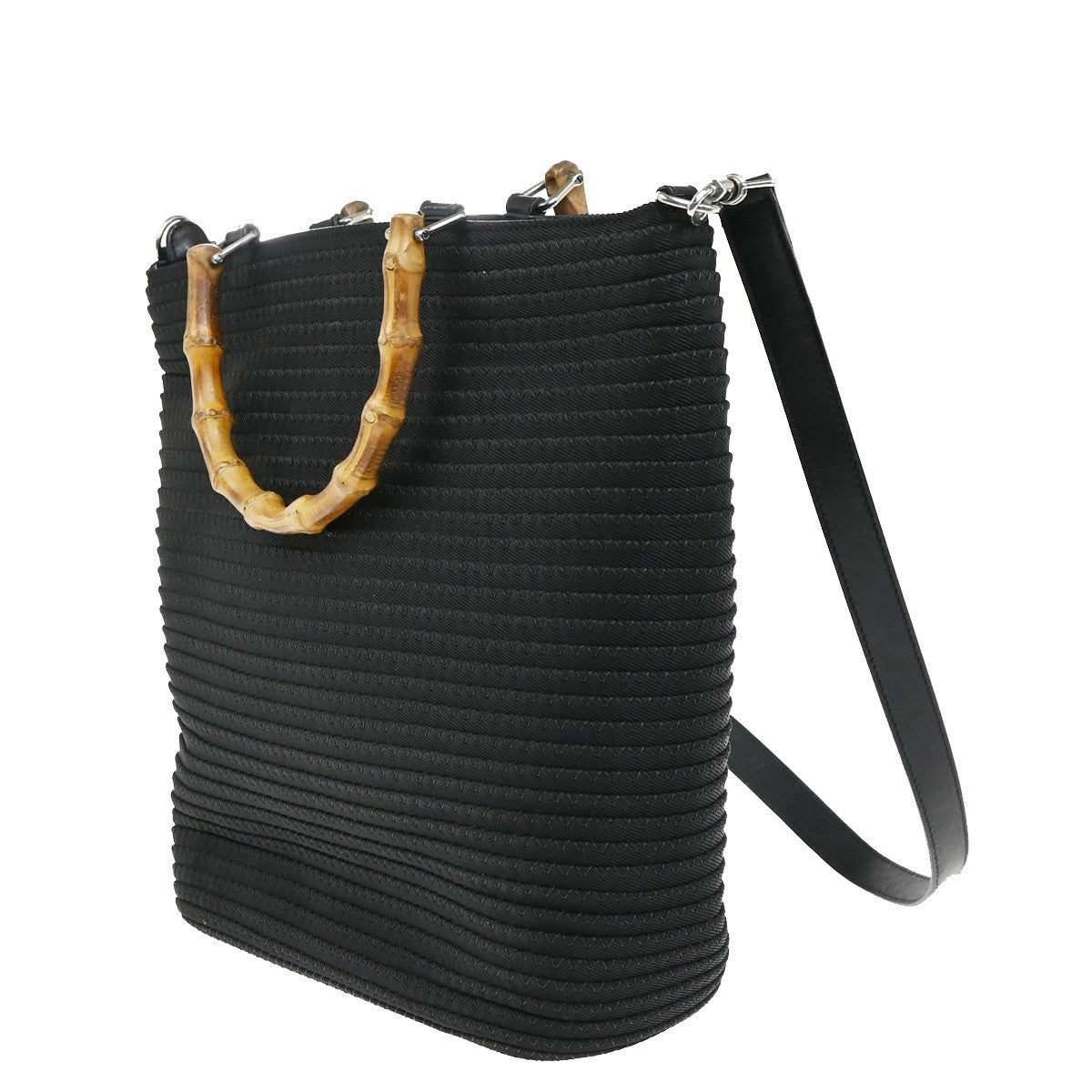 GUCCI Logo Bamboo 2Way Shoulder Hand Bag Canvas Leather Black SHW 67KP430