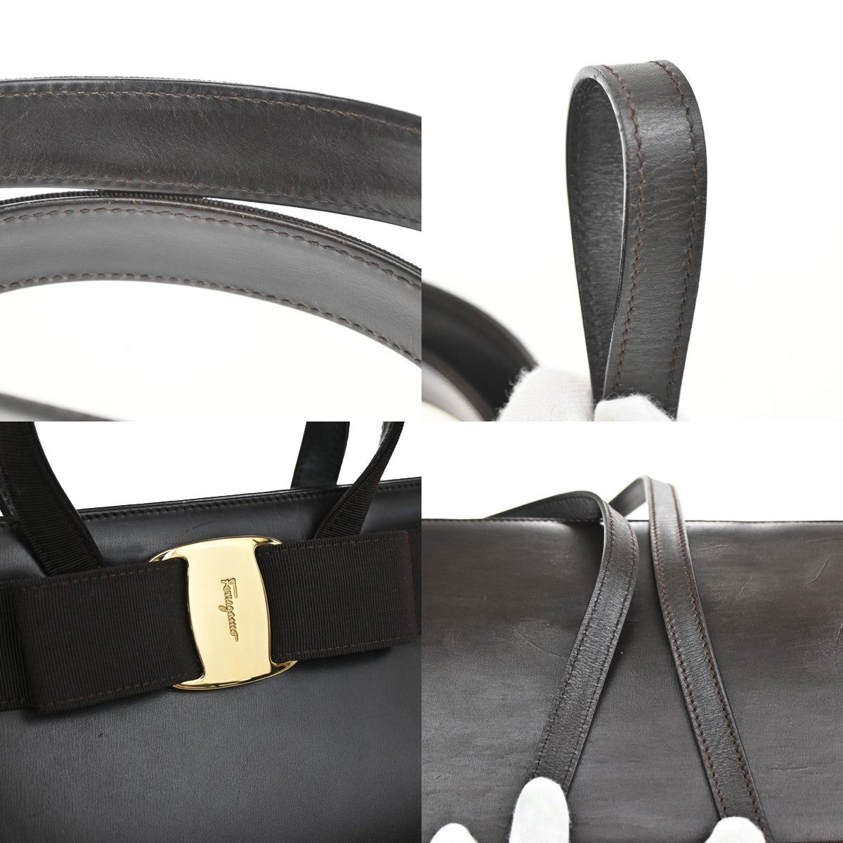 SALVATORE FERRAGAMO Vara Hand Bag Canvas Leather Brown GHW Italy 36EF388