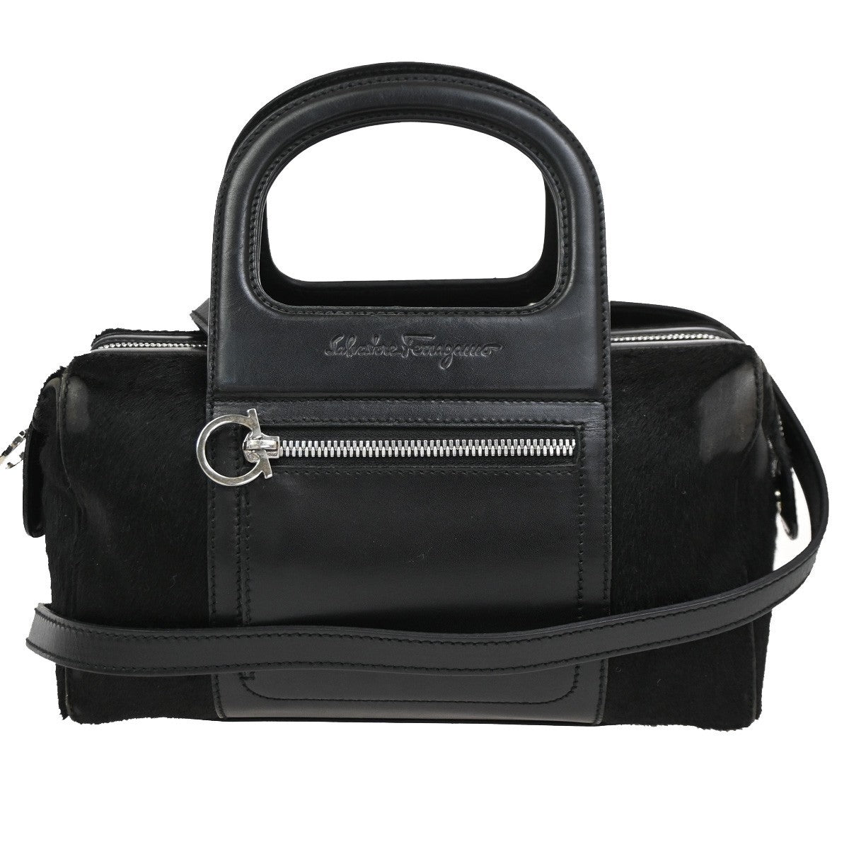 SALVATORE FERRAGAMO Gancini 2Way Shoulder Handbag Fur Leather Black 05DA245