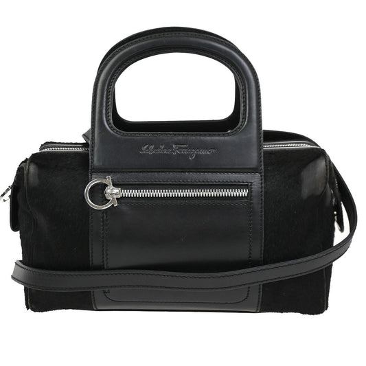 SALVATORE FERRAGAMO Gancini 2Way Shoulder Handbag Fur Leather Black 05DA245