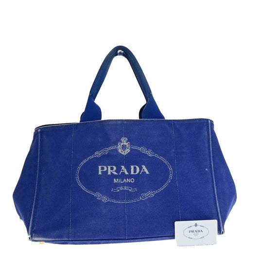 PRADA Milano Logo CANAPA Tote Hand Bag Canvas Leather Blue Gold 68EB512