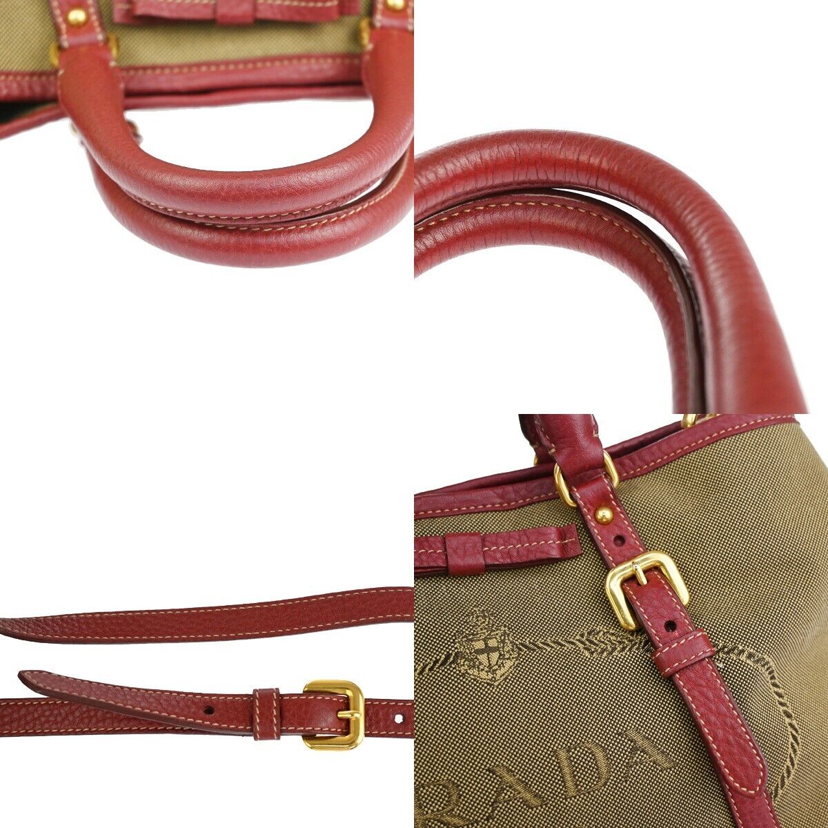 PRADA MILANO Logo 2Way Shoulder Hand Bag Canvas Leather Khaki Bordeaux 79EA813