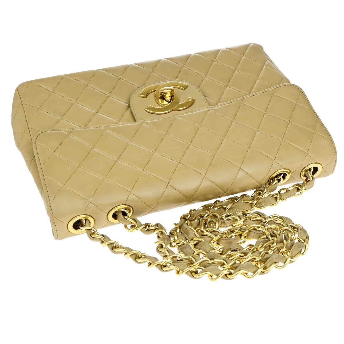 CHANEL CC Matelasse 30 Chain Shoulder Bag Leather Beige GHW Vintage 309RK218