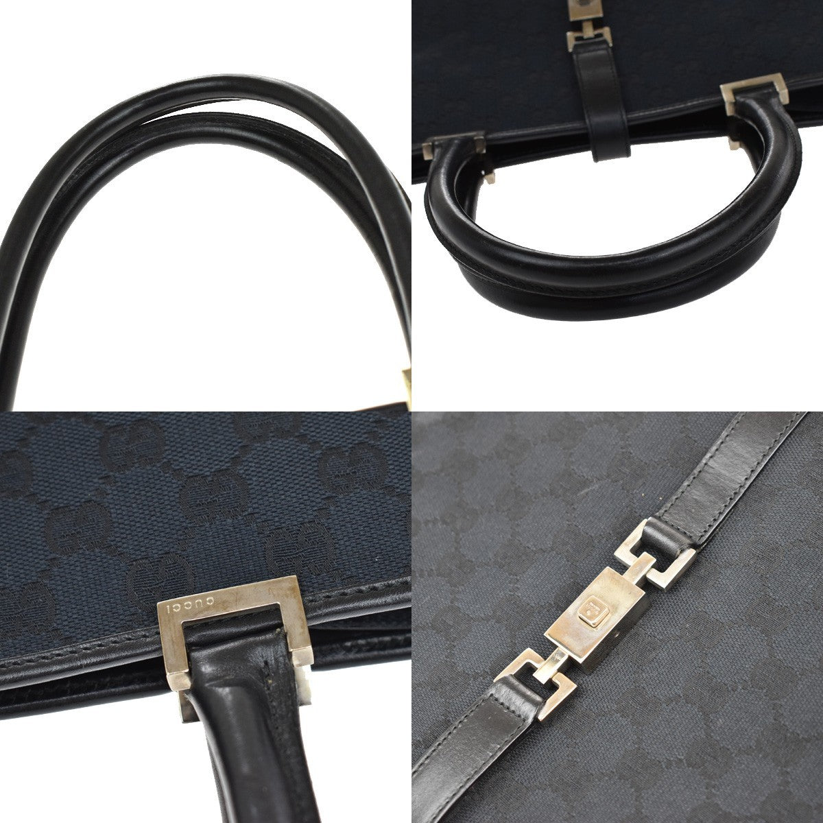 GUCCI Logo Jackie GG Pattern Shoulder Hand Bag Canvas Leather Black SHW 62KB314
