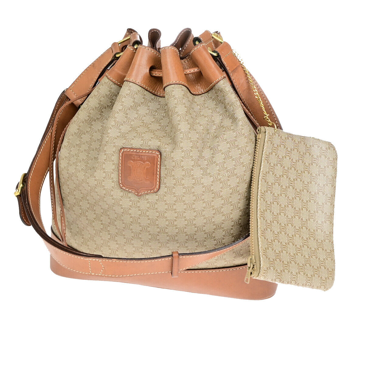CELINE Macadam Drawstring Shoulder Tote Bag PVC Leather Beige Brown GHW 33YF570