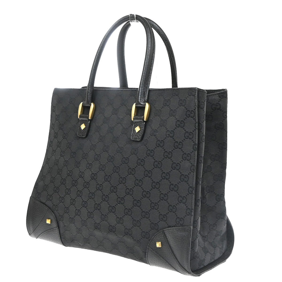 Gucci GG  Pattern Nailhead Tote Hand Bag Black Canvas Leather Italy 84SA156