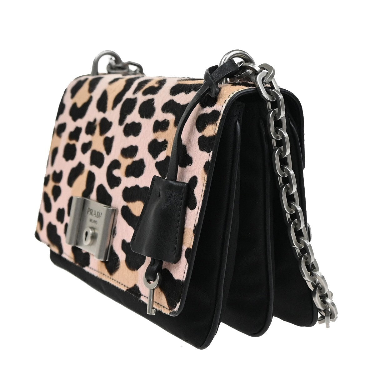 PRADA MILANO Leopard Chain Shoulder Bag Hair on Leather Nylon Black Pink 99KC004