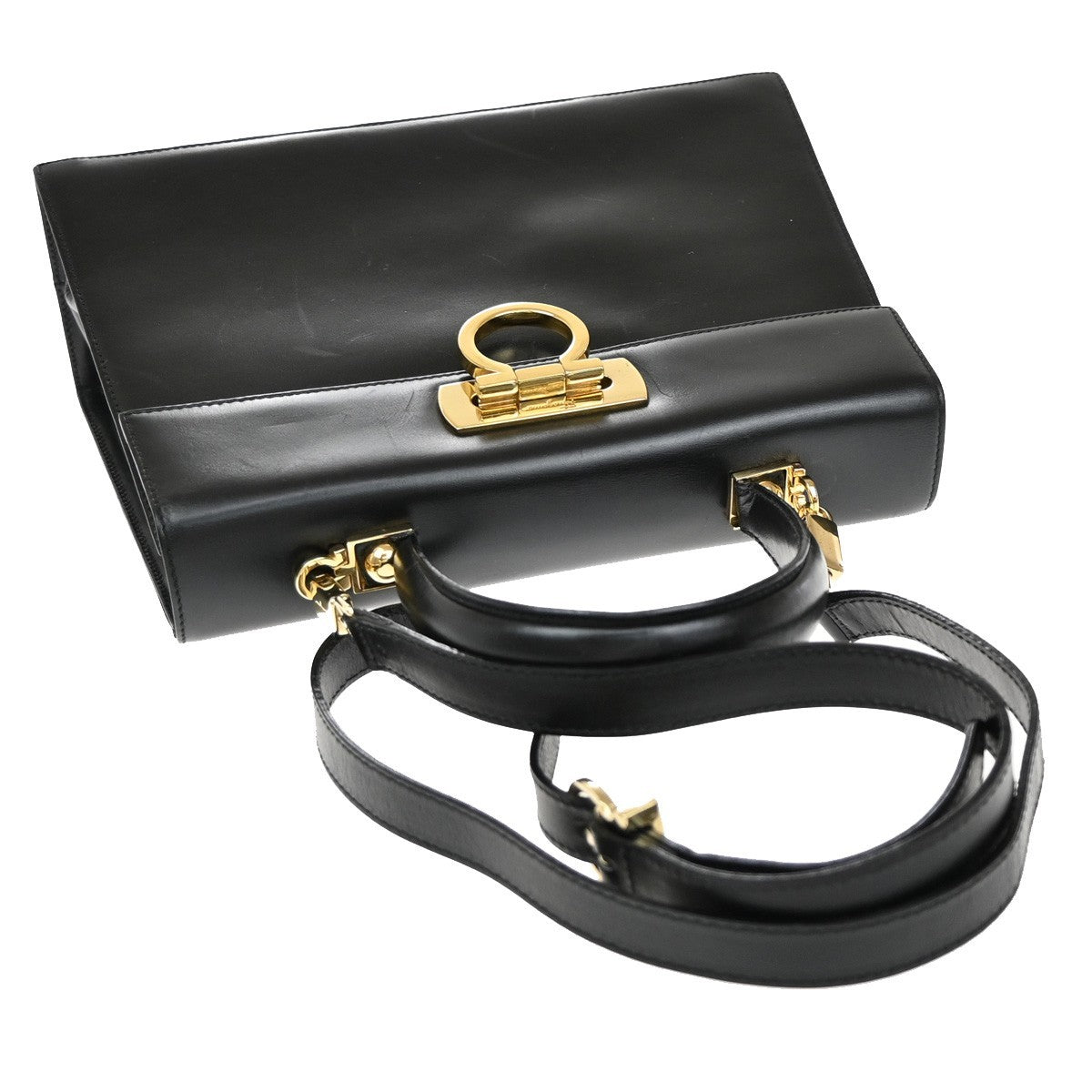 SALVATORE FERRAGAMO Gancini 2Way Shoulder Hand Bag Leather Black GHW 35EF349