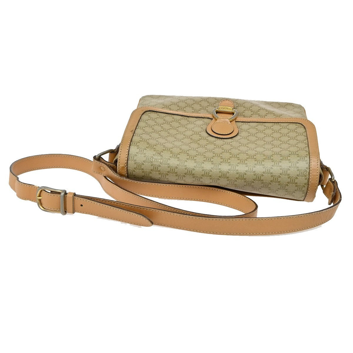 18.Live CELINE Macadam Pattern Shoulder Bag PVC Leather Beige Italy 68KP162