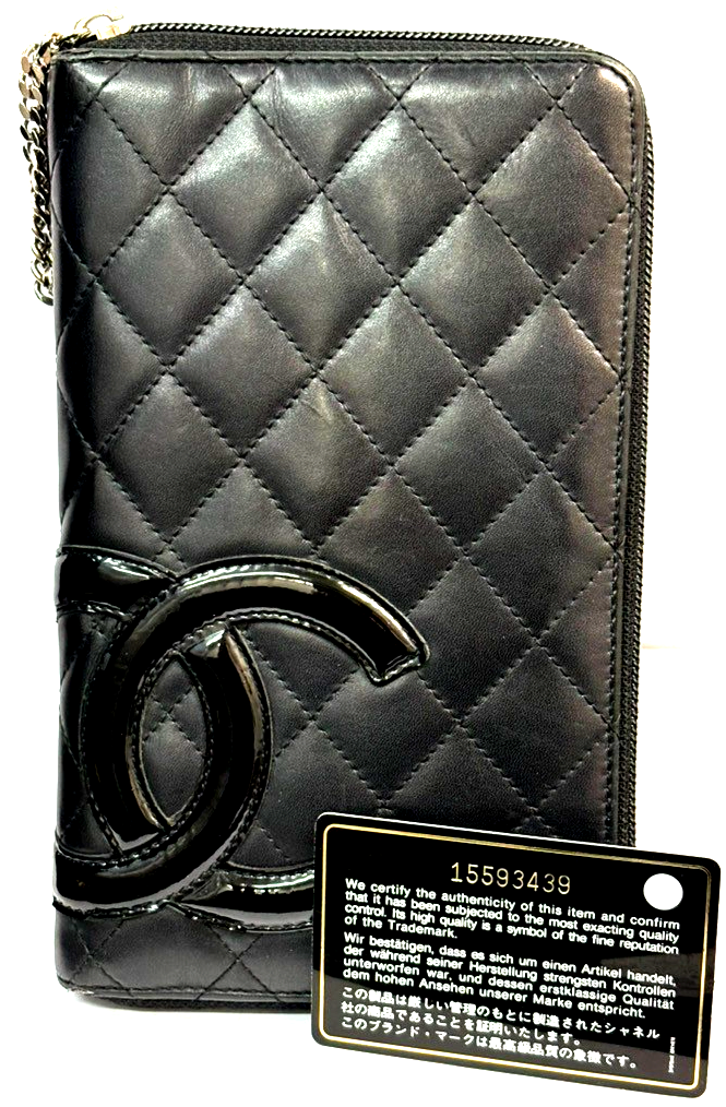 CHANEL CC Cambon Zip Around Long Bifold Wallet Purse Leather Black Pink 31TA372