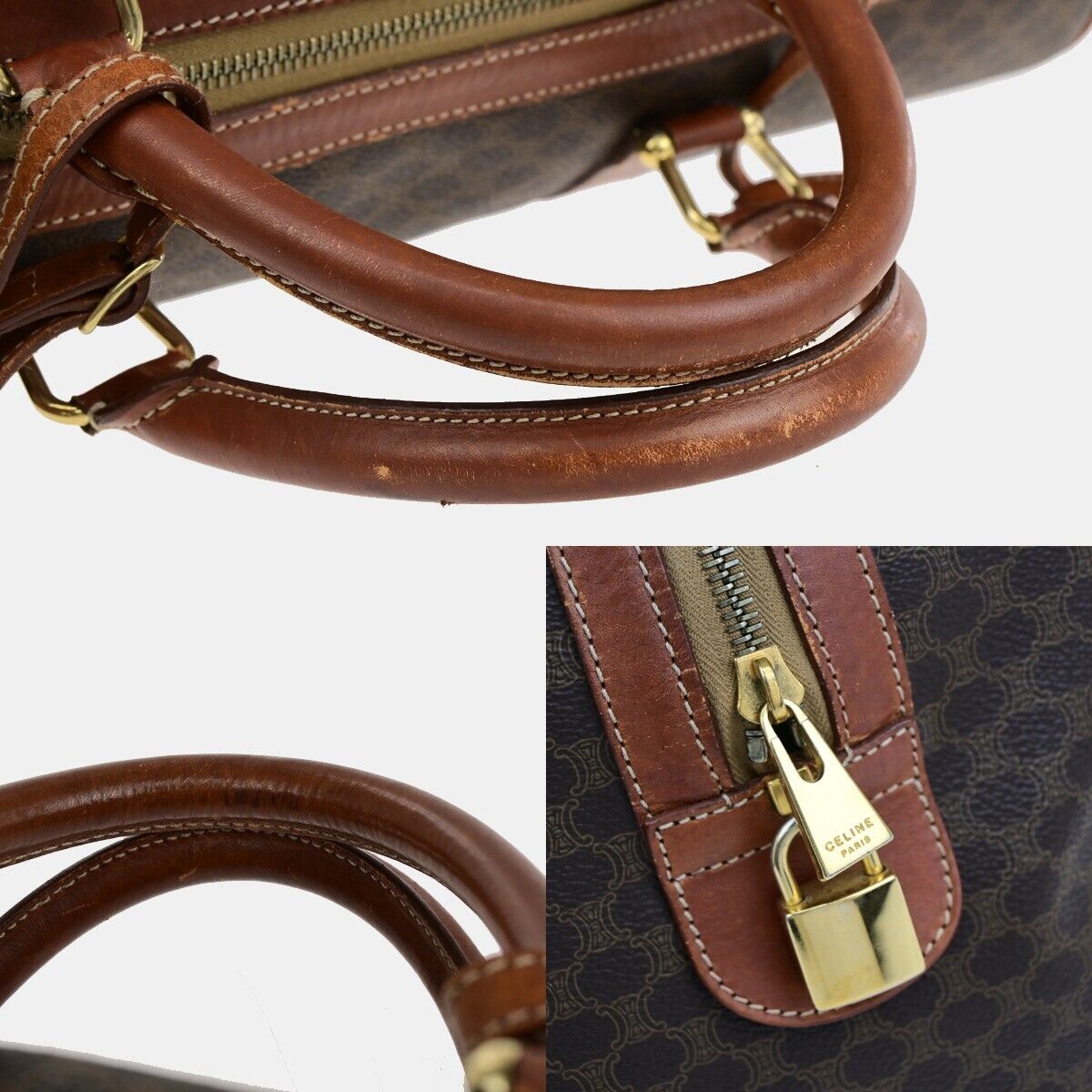 CELINE Macadam Pattern Travel Hand Bag PVC Leather Brown Gold Italy 64EB372
