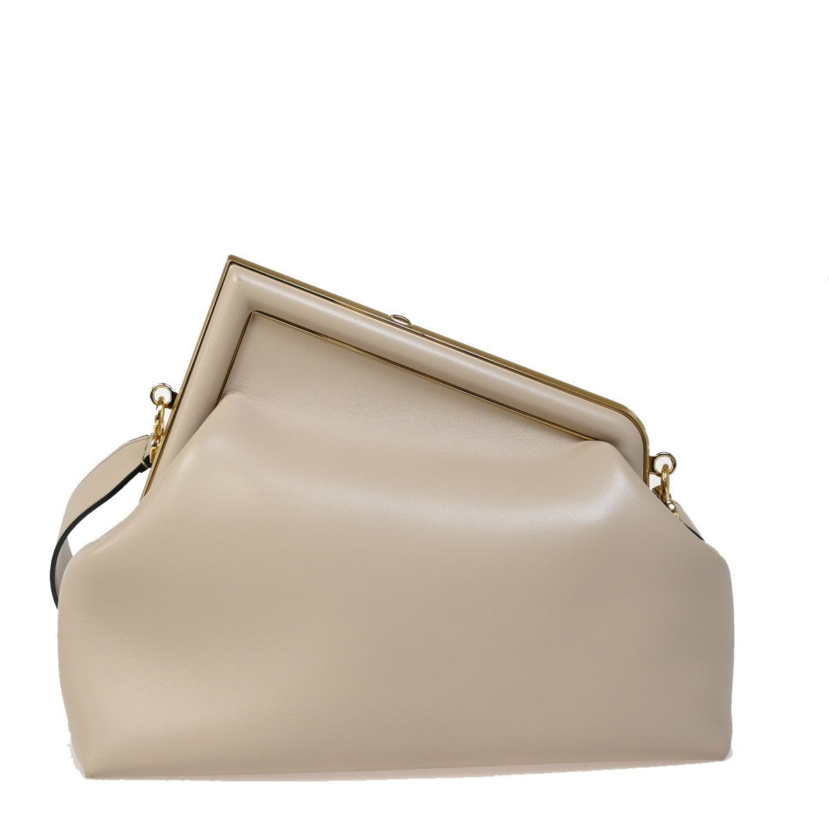 51.Live FENDI First Medium 2Way Shoulder Clutch Bag Leather Beige Gold 370RJ786