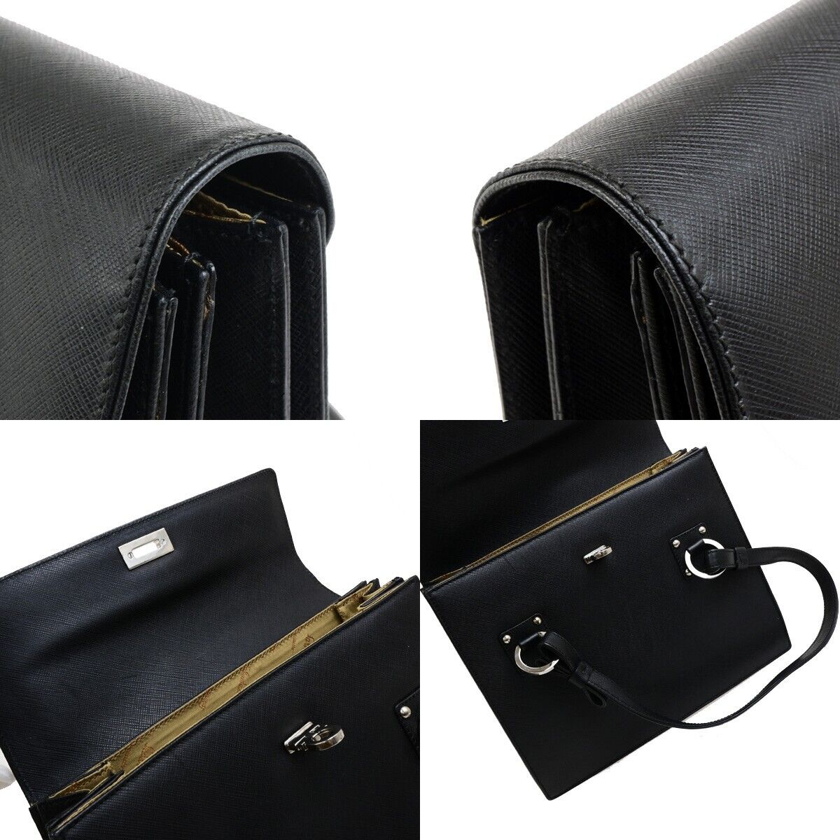 SALVATORE FERRAGAMO Gancini Hand Bag Leather Black Silver Made in Italy 62KA537