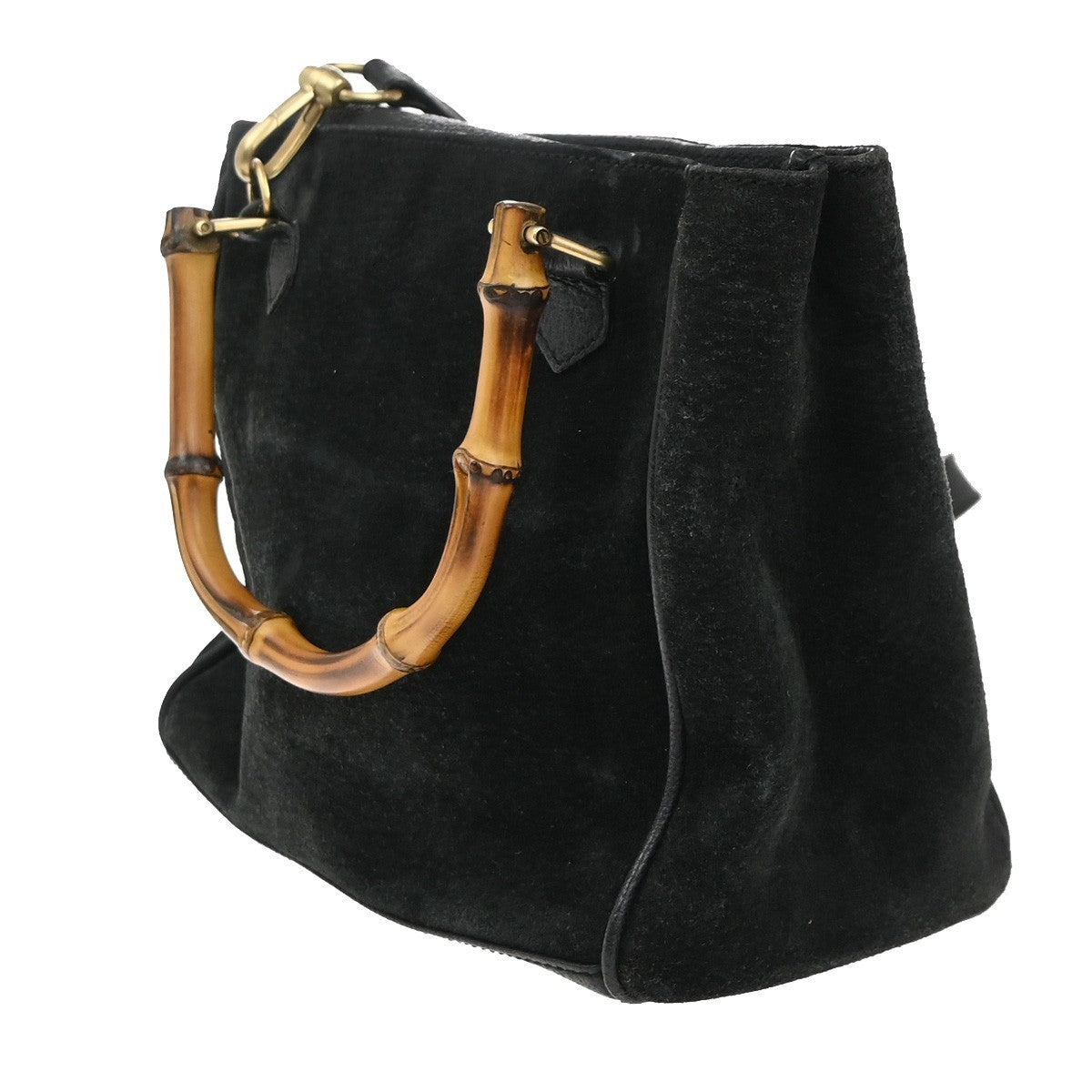 GUCCI Logo Bamboo 2Way Shoulder Hand Bag Suede Leather Black GHW Italy 64KP435
